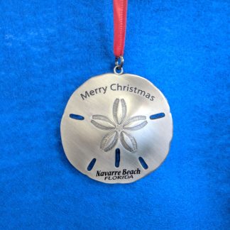 Silver Metal Sand Dollar with realistic details of sand dollars. Text contains Navarre Beach, Florida at the bottom and Merry Christmas at the top
