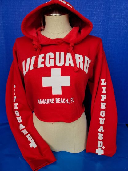 Crop Top Cut Hoodie. Red base color with bold white lettering